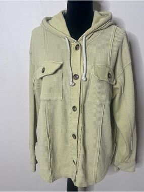 American Eagle Outfitters Green Waffle Knit Fleece Button Up Hoodie Shacket M